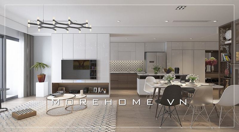 Mẫu bàn ăn hiện đại với thiết kế bàn ăn mặt đá cao cấp màu trắng, ghế eames chân sắt sơn tĩnh điện cho nội thất phòng ăn